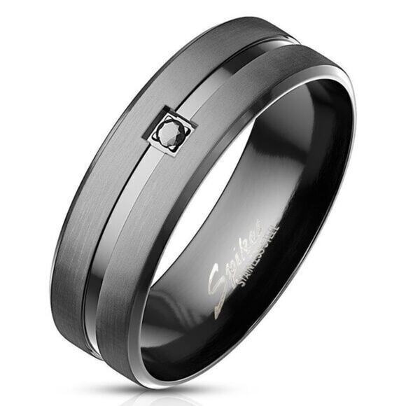 Black CZ on Matte Black Center with Shiny Groove Stainless‎ Steel Ring Sing 13 - Picture 1 of 1